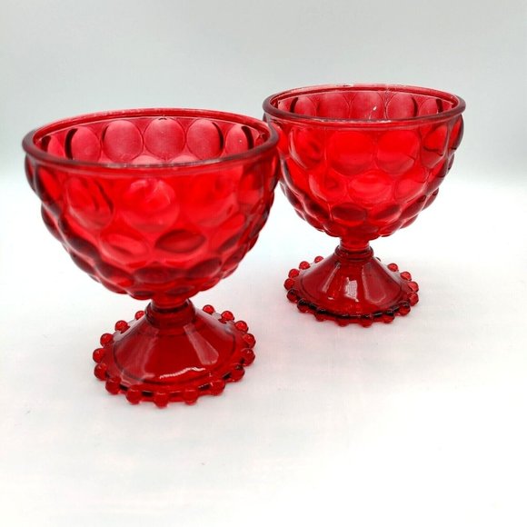 Ruby Red Bubble Glasses Hobnail Boopie Footed Goblet Cranberry Vintage Lot of 2 - Picture 1 of 11